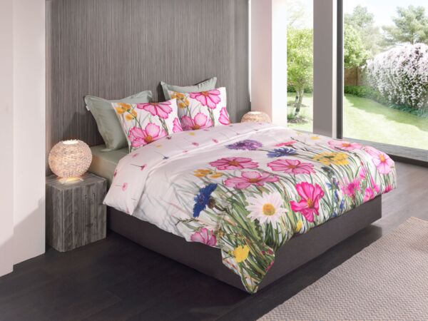 Heckett & Lane Satin Bettwäsche 135x200 Campo White Blumenwiese rosa gelb blau bunt Bild 5