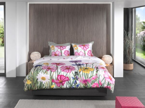 Heckett & Lane Satin Bettwäsche 135x200 Campo White Blumenwiese rosa gelb blau bunt Bild 6