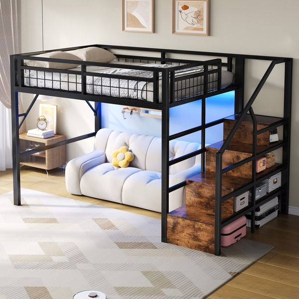 Hochbett mit RGB LED-Streifen, Lattenrost, Treppe, Regal, Rausfallschutz, 140x200cm, Kinderbett, Metallbett, Jugendbett