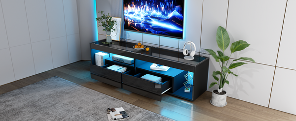 TV-Schrank 180x40x46 cm, Hochglanz Schwarz mit dimmbarer LED, 2 Schubladen und gehärtetem Glas, geeignet für 70 Zoll