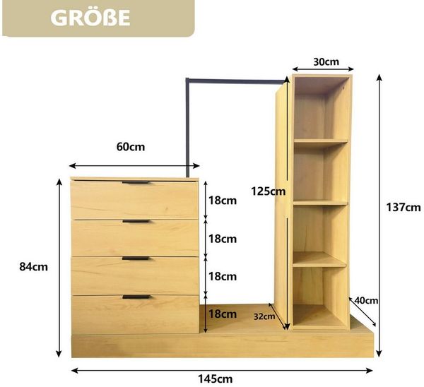 WAOHO Garderoben-Set Schubladenkommode mit Kleiderstange, Garderobenständer, 145*137*40