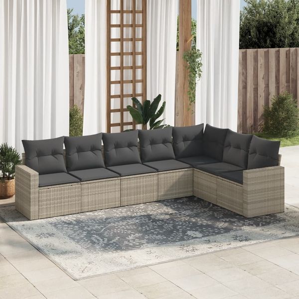 vidaXL 7-tlg. Garten-Sofagarnitur mit Kissen Hellgrau Poly Rattan 3219042