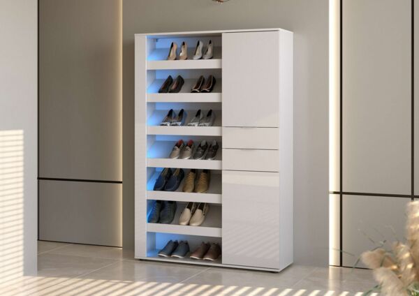 Home affaire Schuhschrank BOOST, Schuhschrank,Schuhregal, Breite 120 cm, LED optional bestellbar (1-St) Hochglanz lackiert mit 7 offenen Fächern, 2 Türen und 2 Schubkästen
