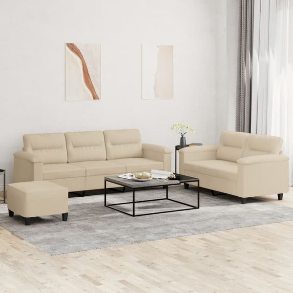 vidaXL 3-tlg. Sofagarnitur mit Kissen Creme Mikrofasergewebe 3202348