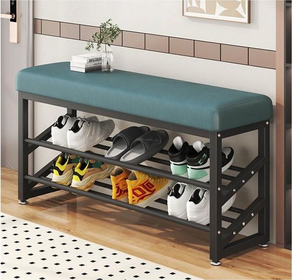 HTI-Living Schuhregal Metall 2 Ebenen mit Sitzkissen Grün, 1 Stück 1-tlg, Schuhbank