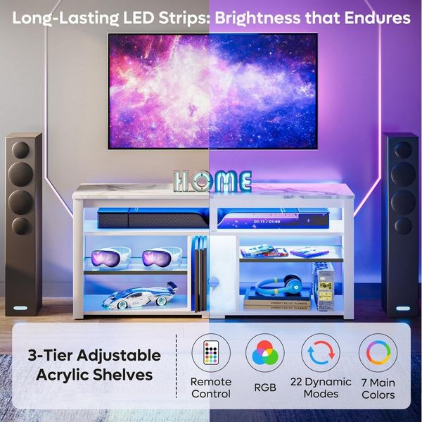 Bestier Lowboard TV-Schrank, Sideboard, Gaming TV Board mit LED-Beleuchtung (Breite 140 cm Fernsehtisch, 1 St, TV-Ständer für 55/60/65 Zoll Fernseher), Medien-TV Cabinet mit verstellbarem Regal, Weißer Marmor/Schwarze