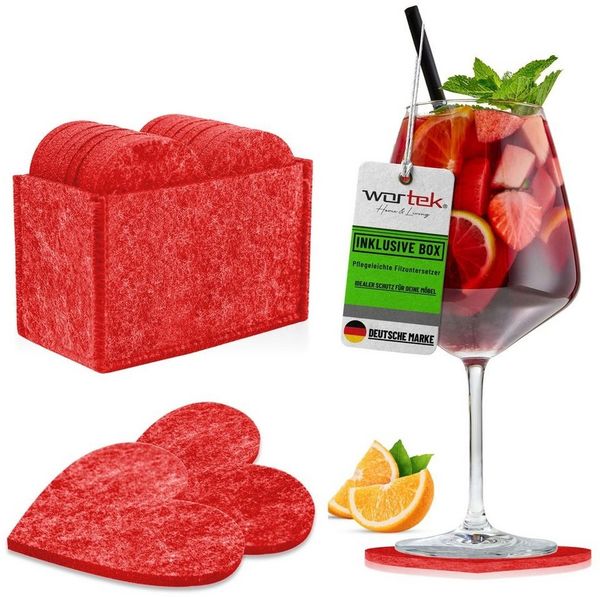 wortek Getränkeuntersetzer Filz-Untersetzer Herz für Gläser 10er Set + Box, Zubehör für Tisch & Gläser, Set, 10-tlg, waschbare Getränke Glasuntersetzer Gläser, Tischuntersetzer Filz 10 cm