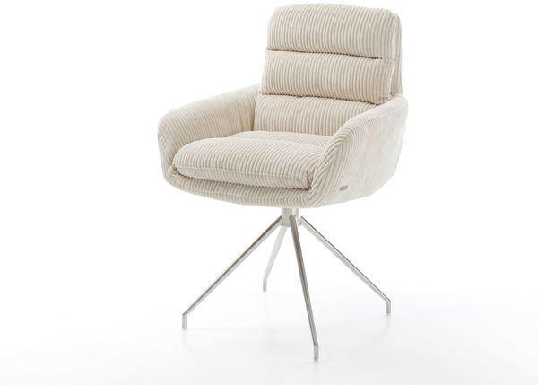 Esszimmerstuhl Abelia-Flex mit Armlehnen Cord Beige Kreuzgestell konisch Edelstahl