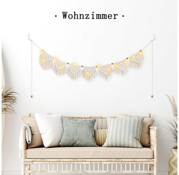 TUWENA Wandteppich Boho Deko Makramee Wandbehang, Tapisserie Fransen Mit LED Lichterkette, Für Wohnzimmer/Schlafzimmer/Balkon