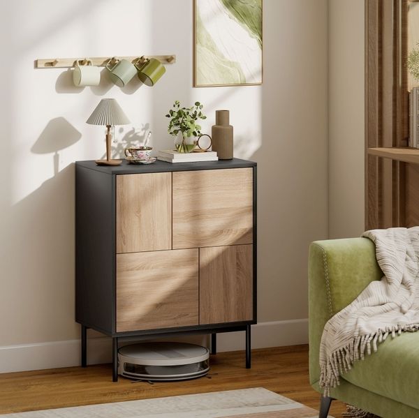 Sideboard 60cm×35cm×78cm mit Push-to-open Türen – schwarzer Korpus, Holzoptik und 4 geschlossene Fächer
