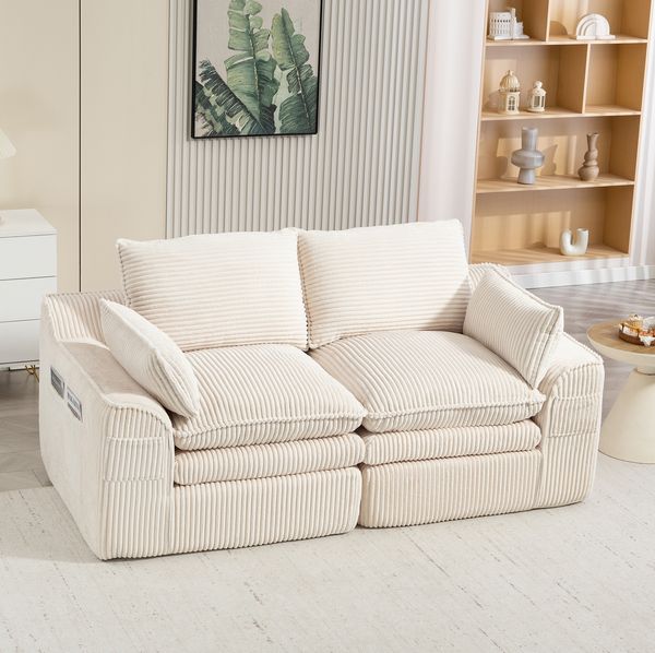 2-Sitzer Sofa aus Cord mit Seitentaschen & Kissen, 191 x 94 x 85 cm, Beige