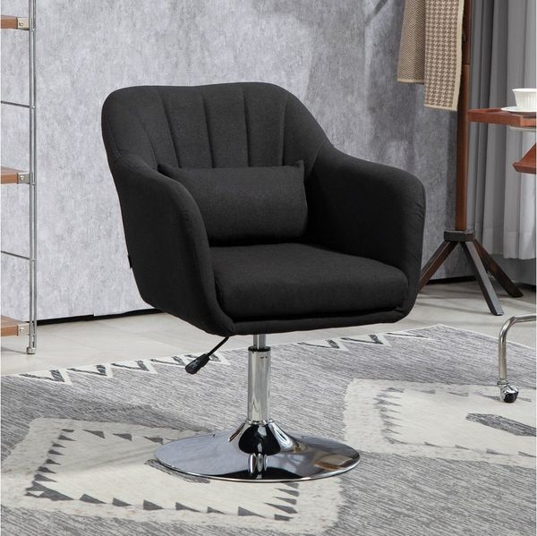 HOMCOM Relaxsessel mit Armlehne, Lendenkissen, Metallrahmen (gepolstert Drehstuhl, 1-St, höhenverstellbar Loungesessel), für Schlafzimmer, Wohnzimmer, Schwarz