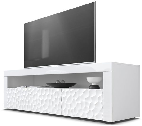 Vladon Lowboard Valencia, TV-Kommode mit 1 offenem Fach und 2 Klappen, Weiß/Weiß Hochglanz Calypso 3D Struktur/Weiß Hochglanz (155 x 46 x 40 cm)