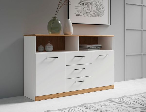 OTTO home Sideboard Ribe,130cm breit,80cm hoch,Oberplatte Holz massiv,6 Fächer, Oberplatte Eiche massiv,schwarze Metall Griffe