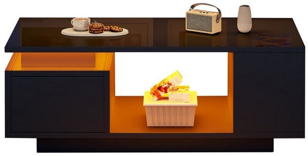 KLAM HOME Couchtisch Couchtisch Mit LED Beleuchtung Und App Steuerung (Beistelltisch Mit Schublade Und 4 Seitlichen Ablagefächern), Moderner Wohnzimmertisch In Weiß Hochglanz 100x50cm