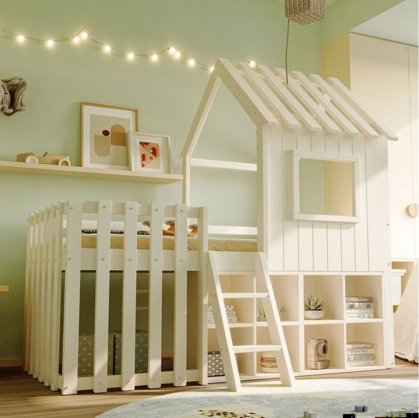 Flieks Hochbett Kinderbett Hausbett 90x200cm mit Dach, Fenster und offenem Stauraum