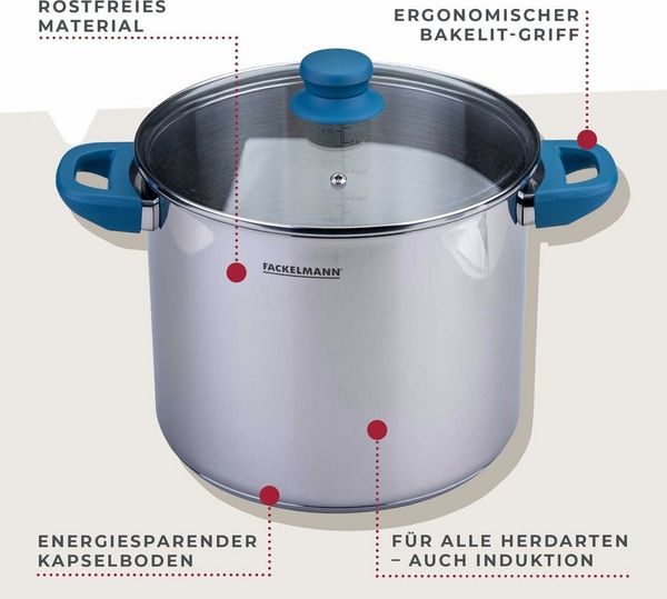 Fackelmann Suppentopf Essential, Ø 24 cm, 9L, Hochwertiger Edelstahl, ergonomische Bakelit-Griffe, für alle Herdarten geeignet, Blau