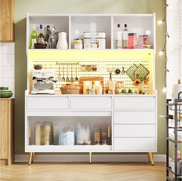 Flieks Küchenbuffet mit LED-Beleuchtung, Lochwand, Glasschiebetüren und 6 Schubladen (1-St, 145x39x171 cm) Hochschrank Küchenschrank Geschirrschrank mit Arbeitsplatte Weiß