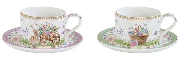 EasyLife Tasse Spring Bloom, Porzellan, Spülmaschinengeeignet, Mehrfarbig, Hasen & Blumenkörbe, H: 6.5cm
