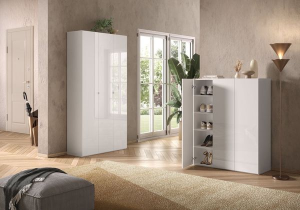 INOSIGN Schuhschrank SMILE Breite 95 cm, Höhe 186 cm, Schuhregal mit 7 Ebenen, Schuhkommode in Weiss Hochglanz Lack