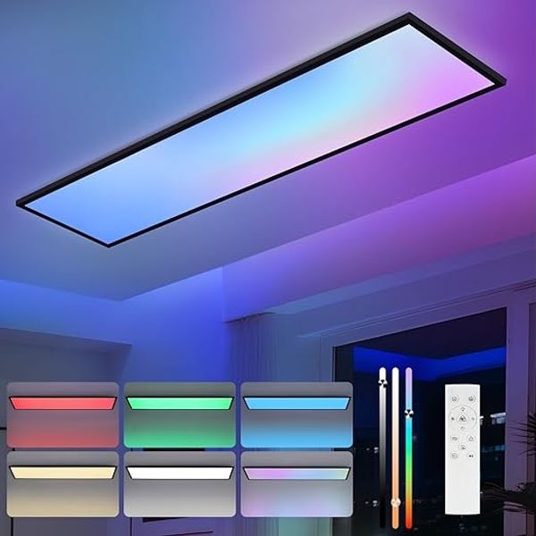 ZMH LED Panel 100x25 Deckenleuchte Dimmbar Deckenpanel RGB Farbwechsel lang Flach mit Fernbedienung 24W Schwarz Rechteckig Bürolampe für Büro Spielzimmer Wohnzimmer