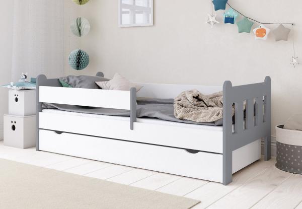 Kids Collective Kinderbett 80x160, 80x180, 90x200 cm mit Schublade, Rausfallschutz & Lattenrost, in weiß-grau 80x180 cm Mädchen Jungen Bett, optional mit Matratze