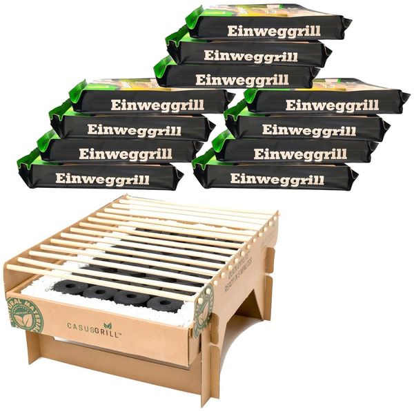 12x CasusGrill Einweg-Grill, biologisch abbaubar, Mini-Grill: tragbarer und Einweggrill, aus natürlichen Materialien, einfach aufzubauen – keine Feuerzeugflüssigkeit erforderlich