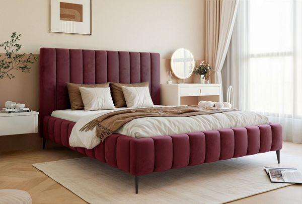 Goldstoff Polsterbett Luxuriöses Bett "MAGNUS" mit hohem Kopfteil und praktischem Stauraum (120–200x200 cm, Kopfteilhöhe: 90/110 cm, Seitenhöhe: 25/40 cm), Luxuriöses Schlafzimmerbett mit hohem Kopfteil und Stauraumfach