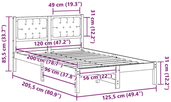 vidaXL Bettrahmen Schwarz 120 x 200 cm Massives Kiefernholz 878191 Bild 10