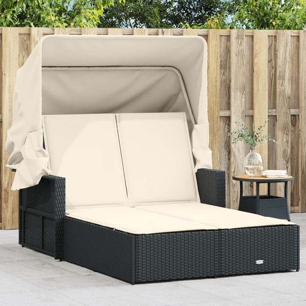 vidaXL Doppel-Sonnenliege mit Dach und Auflagen Schwarz Poly Rattan 365806