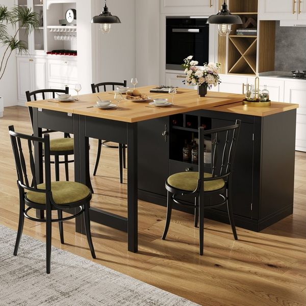 Flieks Kücheninsel mit 360° drehbarer und klappbarer Esstisch, (Holzoptik Tischplatte Tiefe 40-80cm, Längenverstellbar 120-180cm), ausziehbarer Esstisch & Mehrzweckschrank mit Schubladen und Weinregal