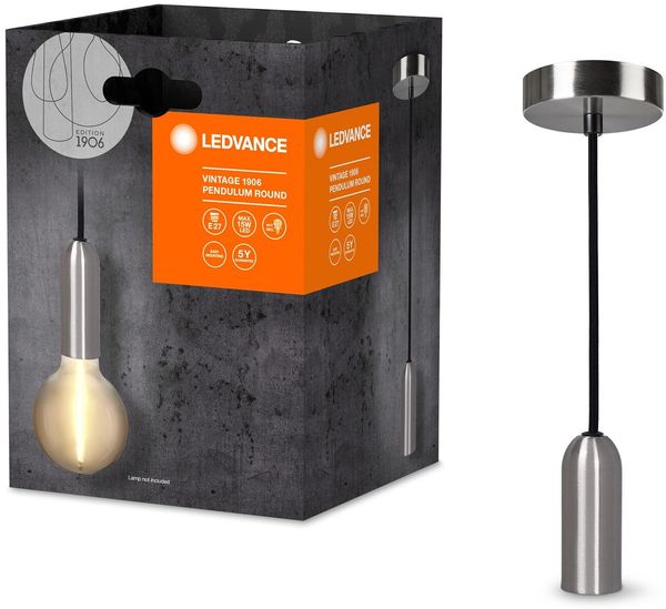 LEDVANCE Vintage 1906® Pendelleuchte ROUND E27, chrome, max. 25W (LED 15W), E27 Sockel, runder Baldachin, Innenraum-Pendelleuchte, Kombination mit 1906 Vintage-Lampen, Kombination mit smarten Lampen