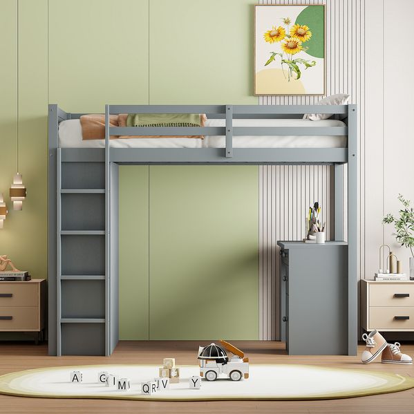Hochbett Mit Schreibtisch Und Schrank Grau 90x200 Kiefer Massivholz Arbeitsplatz Computertisch Stauraum Schülerbett Jugendzimmer Platzsparend 120kg Tragkraft