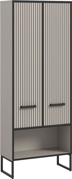welltime Hochschrank LOCRI, Höhe 159 cm, 2 Türen, 6 Einlegeböden, 1 offenes Fach (1-St, industrial Look mit Rillenoptik & Metall Kufen) variable Einlegeböden, modernes Design, Badschrank, Bad