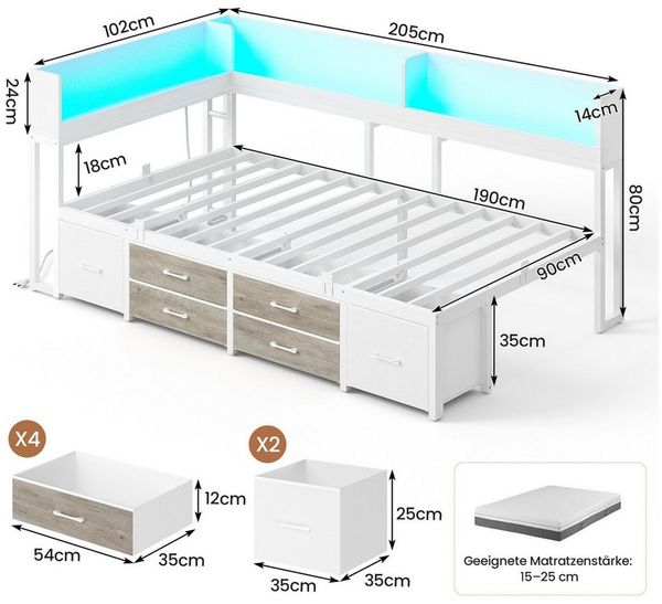 MSMASK Daybett Schlafsofa mit LED-Beleuchtung & Ladestation, Jugendbett Kinderbett, mit Integriertem Bücherregal & 6 Schubladen, 90x190cm