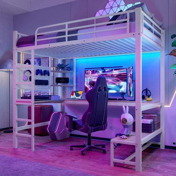 Hochbett, 90 x 200cm, Eisenrahmen, Schreibtisch, Geländer, Trittleiter, mehrere Ablagen, mit usb+type-c Steckdose, mit LED Leiste, mit Lochbrett, ohne Matratze, Weiß