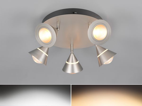 Moderner LED Deckenstrahler ROMEO mit 5 schwenkbaren Spots Silber Ø 30cm