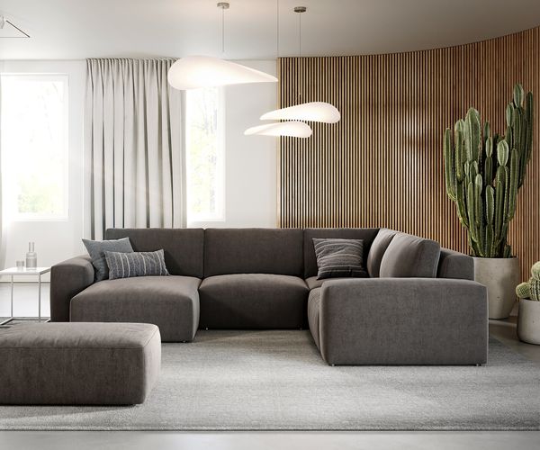 Wohnlandschaft Lanzo 300x210 cm Mikrofaser Khakibraun Recamiere variabel mit Hocker