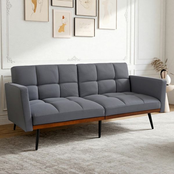 Flieks 2-Sitzer Sofa Bett, 5-fach verstellbare Rückenlehne & Fixe Armlehnen, Gästebett & Loveseat, Leinen-Mix, Grau