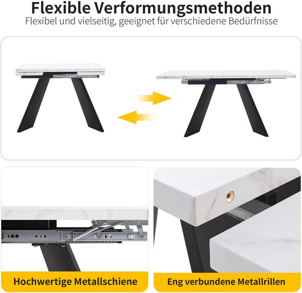 Moderner Esstisch ausziehbar 99–159 cm, Küchentisch mit Marmorplatte, Carbonstahl-Gestell, höhenverstellbar, 77cmx99-159cmx74cm, Weiß+Schwarz