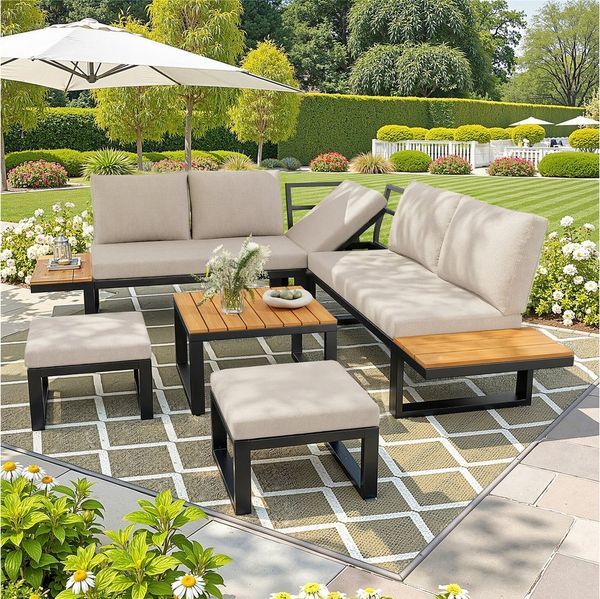 Celya Gartenlounge-Set 6-teiliges Lounge-Set mit verstellbarer Lehne, (mit Ecksofa, Couchtisch und Hockern, 5-fach verstellbare Rückenlehne, wetterfestes Stahlgestell), für Balkon und Terrasse