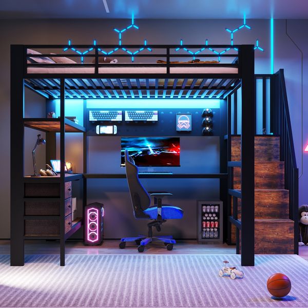Hochbett, 140x 200 cm, Metallbett, Ablagefläche, Schublade, Lochwand, Tisch, Steckdose, LED-Licht, ohne Matratze, Schwarz