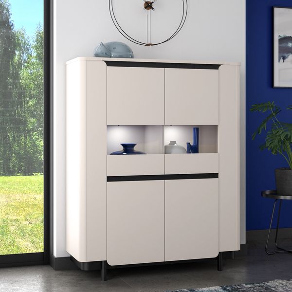 Forte VODOL Highboardvitrine 130, moderner Vitrinenschrank mit 2 Türen und abgerundetem Eckendesign, Holzwerkstoff, Kaschmir|Beige , 130,3 cm breit x 161,1 cm hoch x 44,8 cm tief