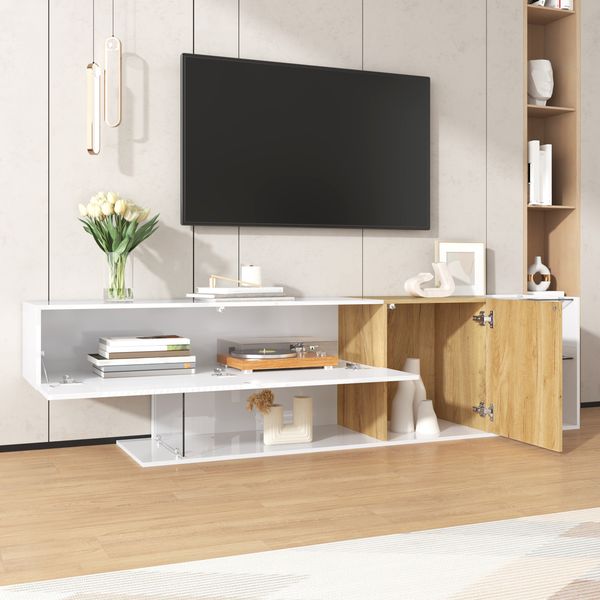 oderne TV-Kommode in Hochglanz Weiß mit Holzoptik und Glasregalen 180×38×48cm,Weiß + Holz,modernes Design, viel Stauraum