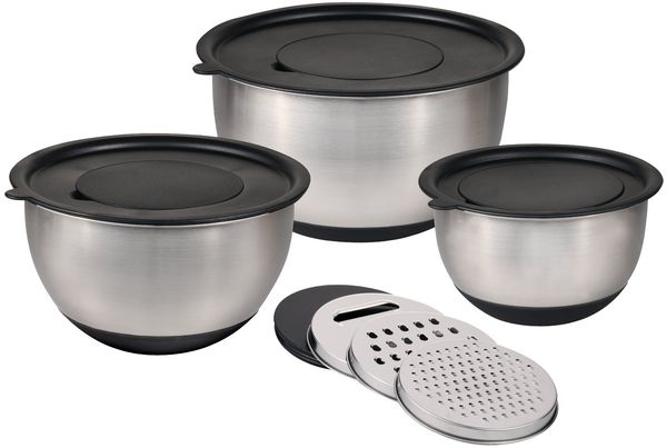 KESPER Rührschüssel 3er Set (Ø 18 / 22 / 26 cm) inkl. 3 Reiben und Deckeln / Edelstahlschüsseln