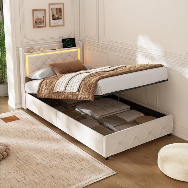 PXloue Funktionsbett Polsterbett Geeignet für kleine Wohnungen, Hydraulisches Einzelbett, mit LED-Leisten, Samtbezug, 90x200 cm