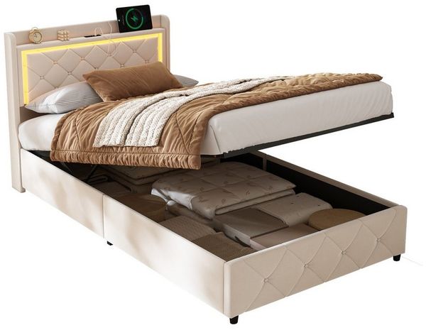PXloue Polsterbett Stauraumbett Geeignet für kleine Wohnungen (Kopfteil mit 2 USB-Anschlüsse und 1 Typ-C-Ladeport), Hydraulisches Einzelbett, mit LED-Leisten, Samtbezug, 90x200 cm Bild 3