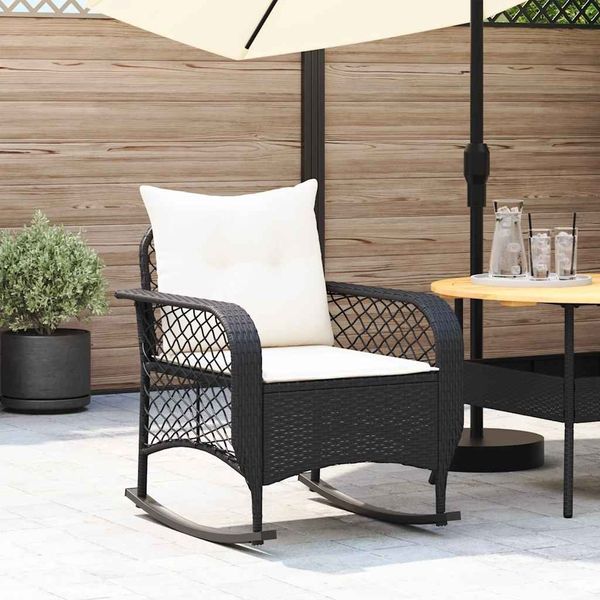 vidaXL Garten-Schaukelstuhl mit Kissen Schwarz Poly Rattan 4104193