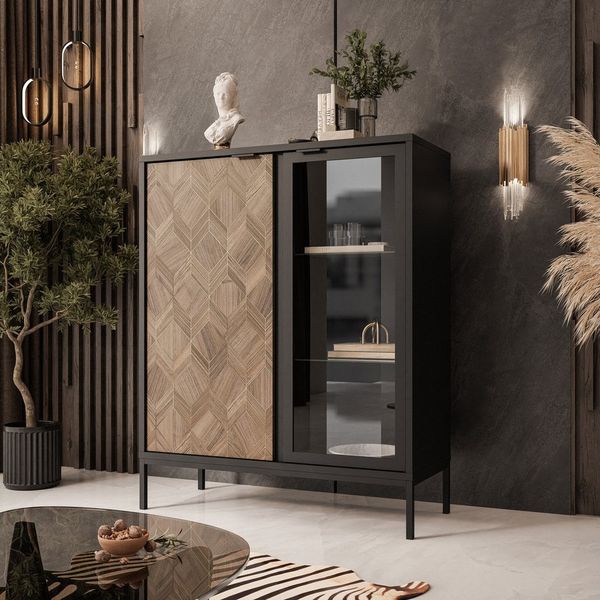 ALLHOUSE24 Vitrine Dekor Liam Gold Hochkommode mit LED Beleuchtung schwarz Metall Breite 101 cm