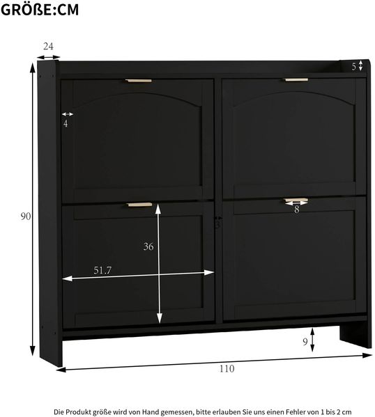 Schuhschrank B110 x T24 x H90 cm, schwarz, mit 4 Klappenfächern und verstellbaren Einlegeböden Bild 5